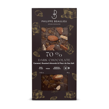 Box of 70% Dark chocolate Roasted Almonds, Crunchy Caramel, and Fleur de Sea Salt Bar (10 count)