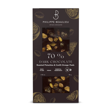 Box of 70% Dark chocolate Orange confit, Roasted Pistachios Bar (10 count)