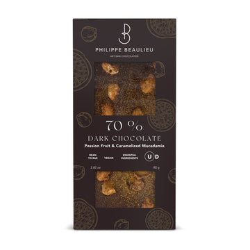 Box of 70% Dark chocolate Passionfruit, Caramelized Macadamia Bar (10 count)